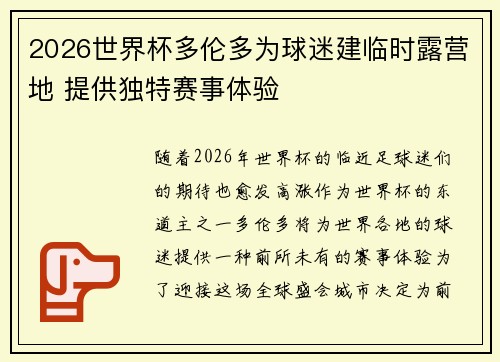 2026世界杯多伦多为球迷建临时露营地 提供独特赛事体验