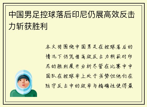 中国男足控球落后印尼仍展高效反击力斩获胜利